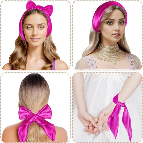 Women Rosy Red Chiffon Square Ribbon Neck Scarf Satin Handkerchief For Halloween - Picture 3 of 7